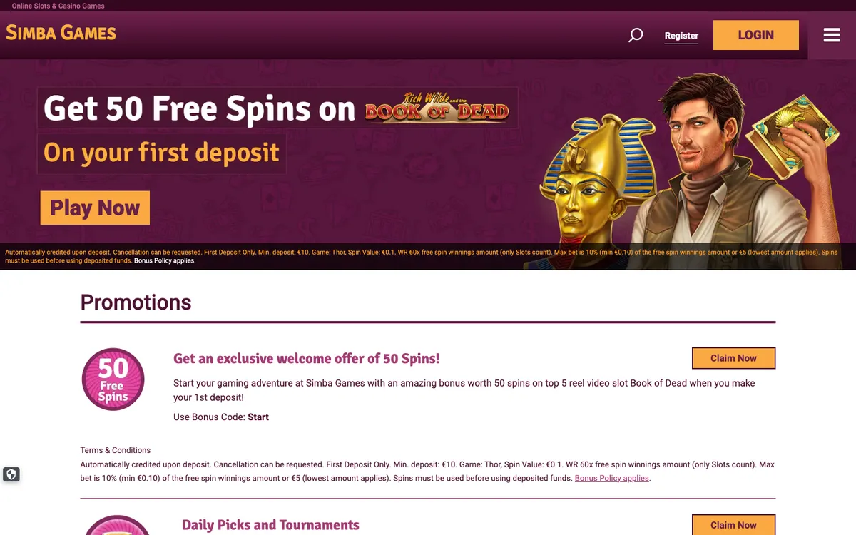 Simba Games — Promotions, captured from Belgium