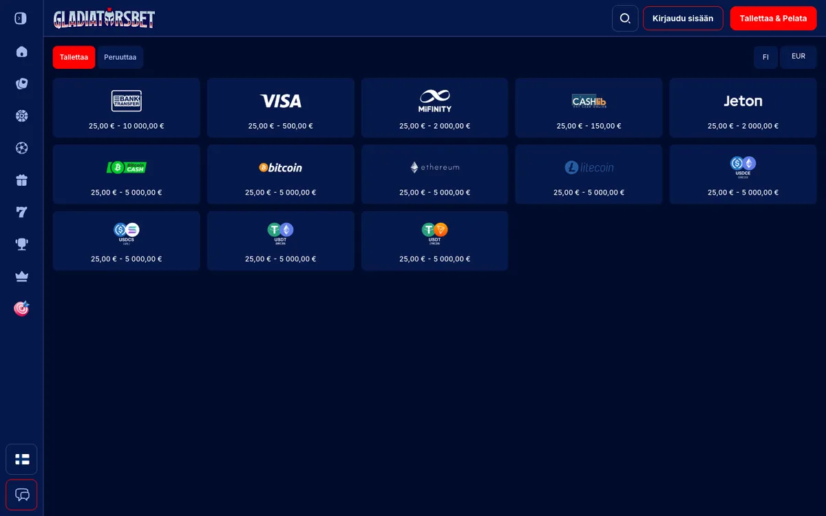 GladiatorsBet Casino — Payments, captured from Finland
