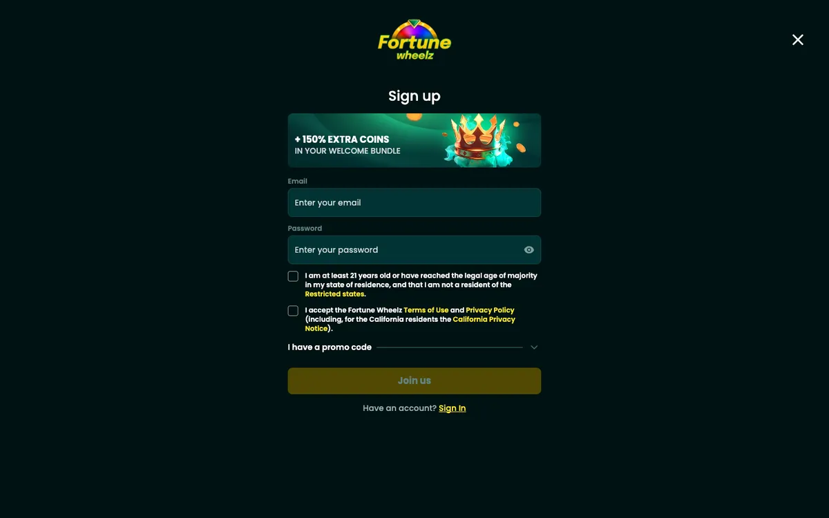 Fortune Wheelz Casino — Sign-up, captured from United States