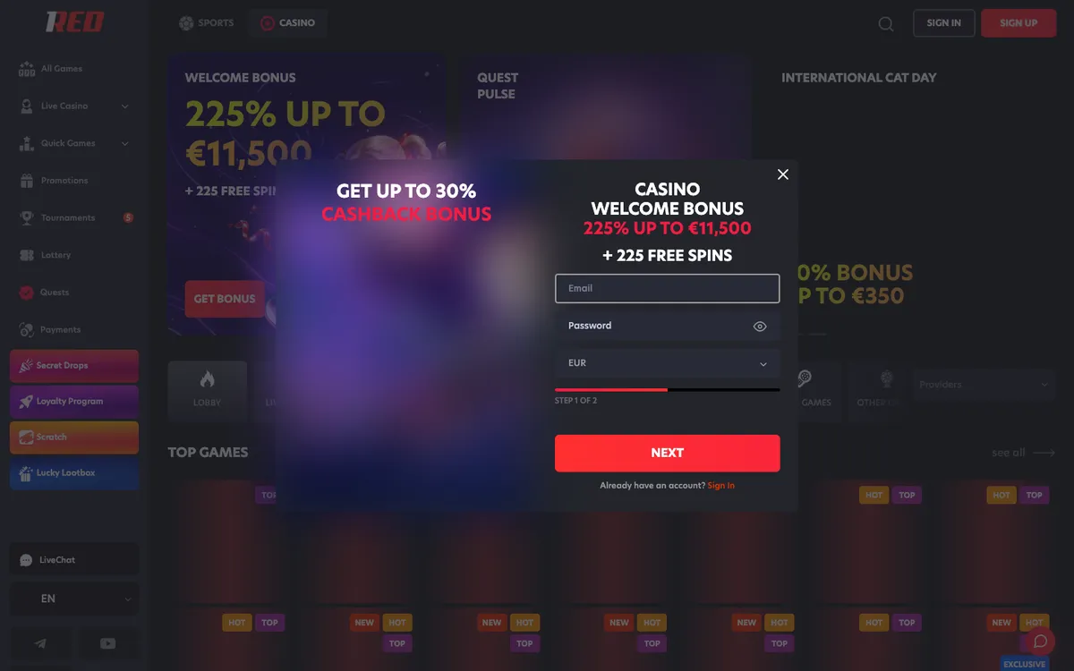 1Red Casino — «Главная», снято из страны ОАЭ