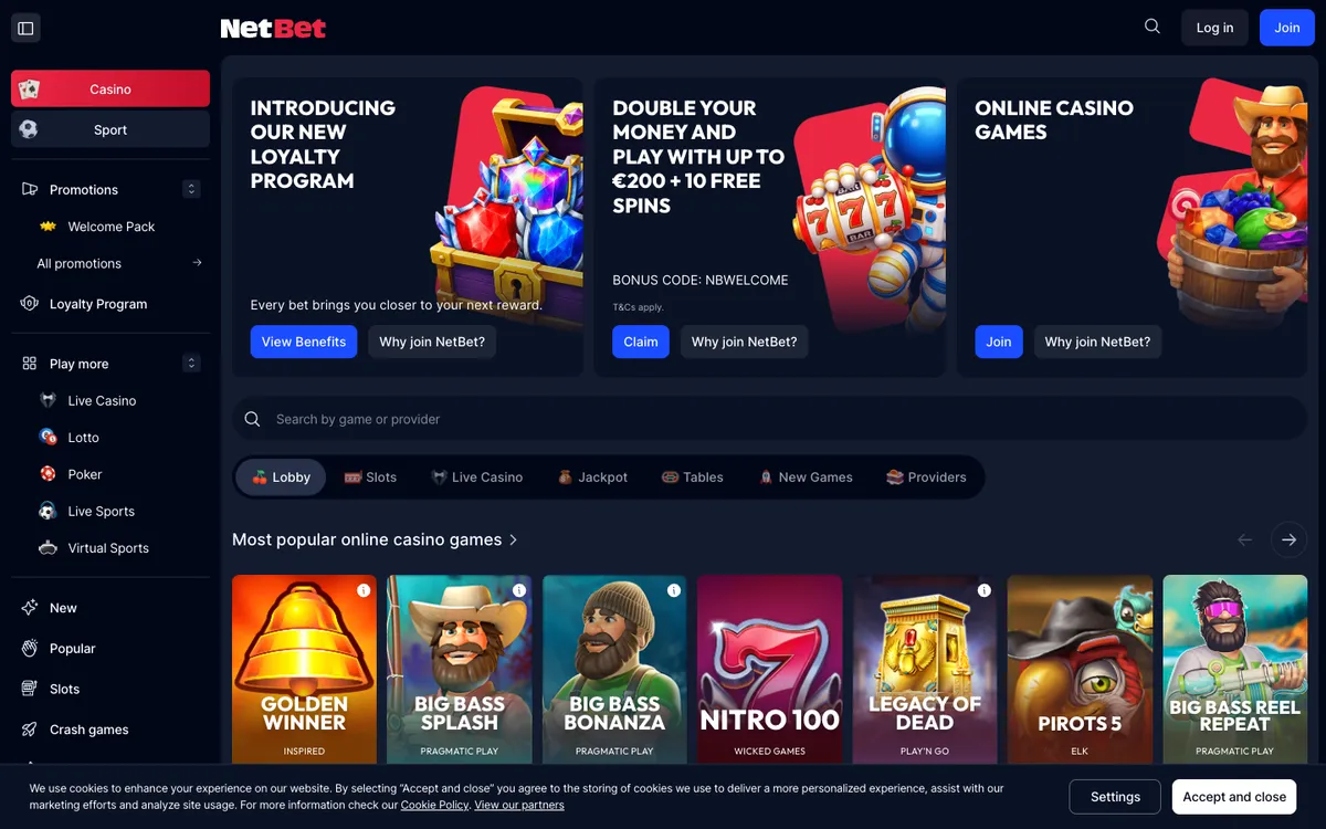NetBet Casino — Home page, captured from Portugal