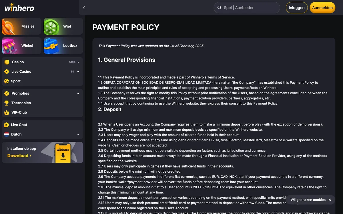 Winhero Casino — «Платежи», снято из страны Бельгия