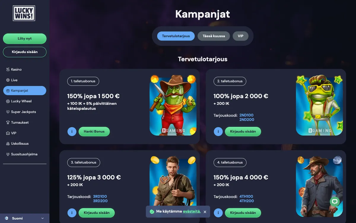 LuckyWins Casino — Promotions, captured from Finland
