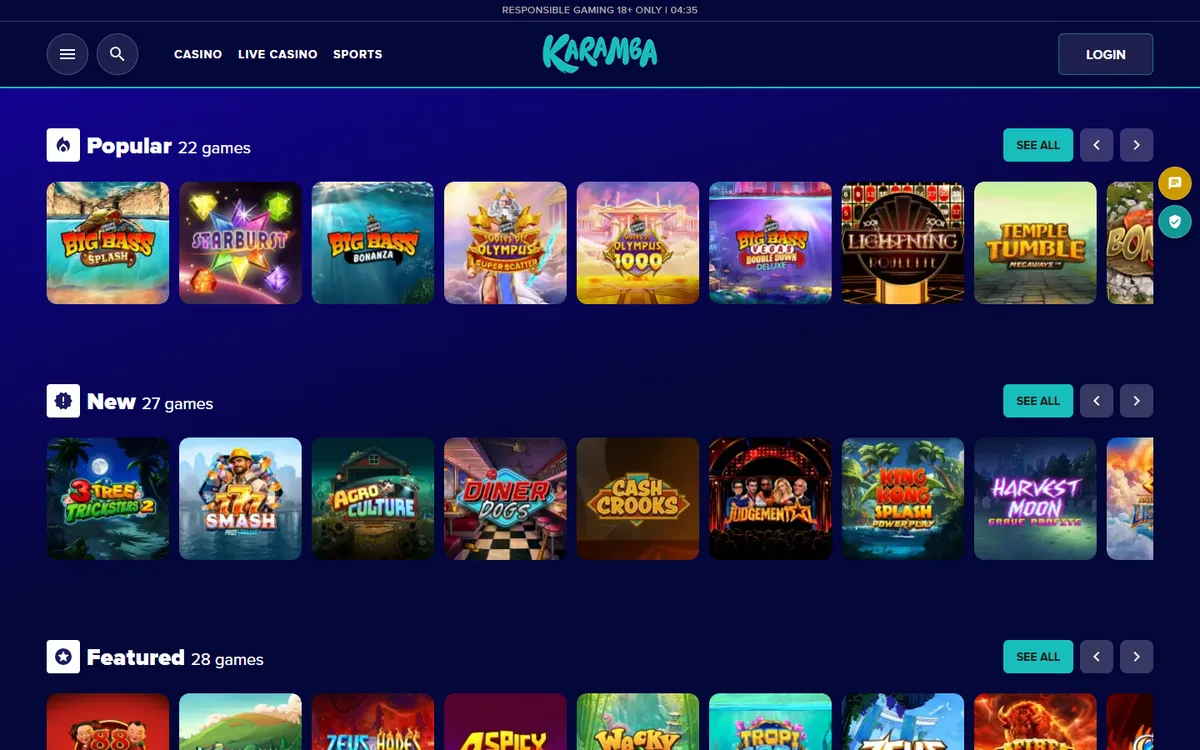 Karamba Casino — Home page, captured from Canada