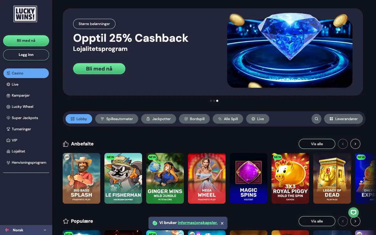 LuckyWins Casino — Home page, captured from Norway