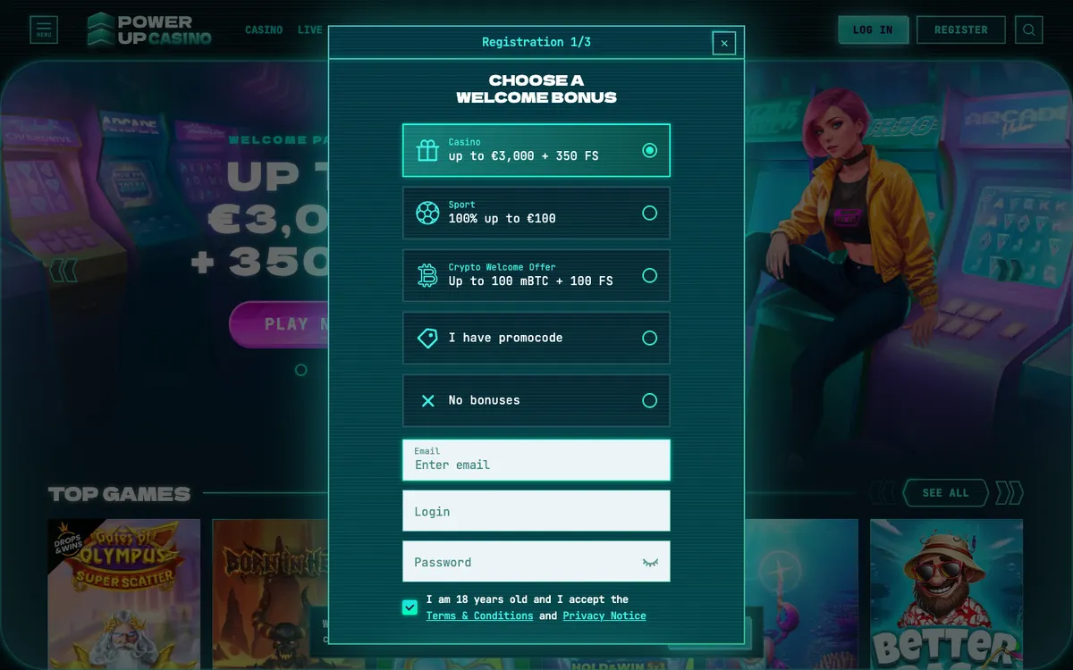 PowerUp Casino — «Регистрация», снято из страны Новая Зеландия