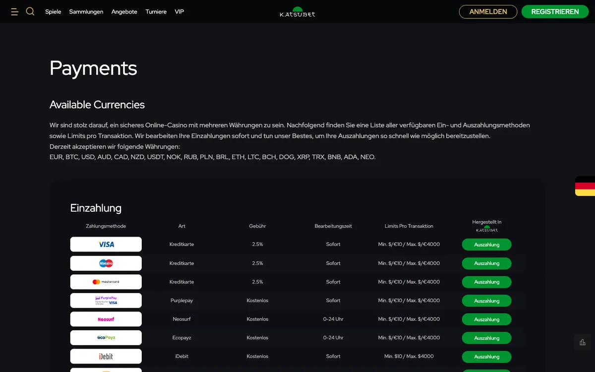 KatsuBet Casino — Payments, captured from Germany