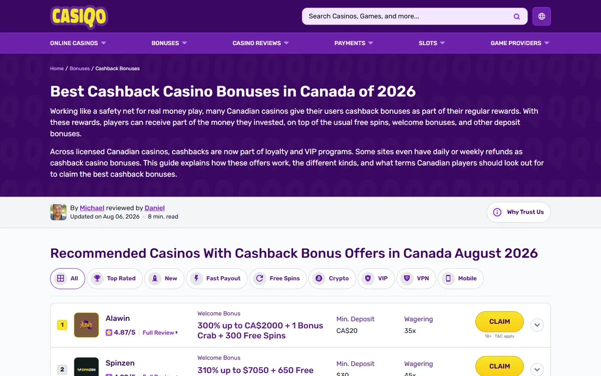 Casiqo Casino — Promotions, captured from Canada