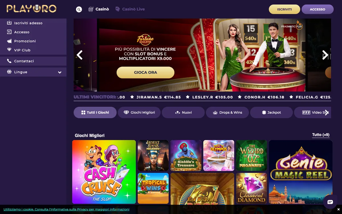 Playoro Casino — Home page, captured from Italy
