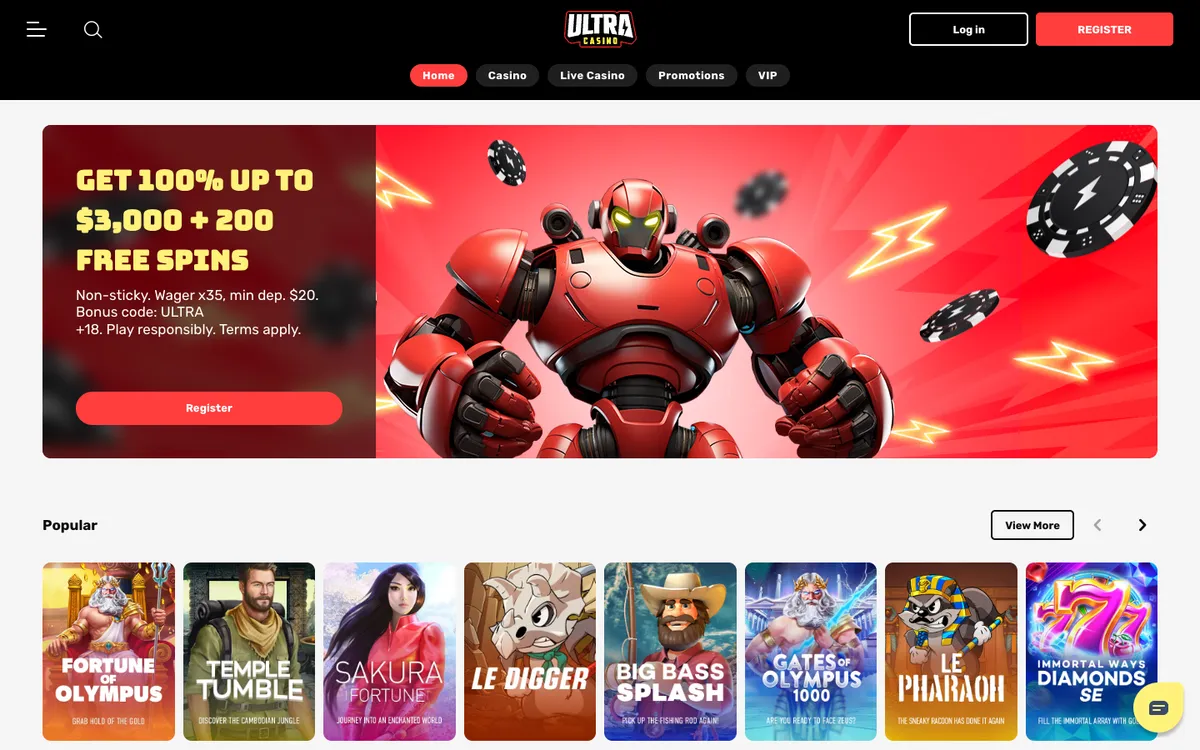 UltraCasino — Home page, captured from Canada