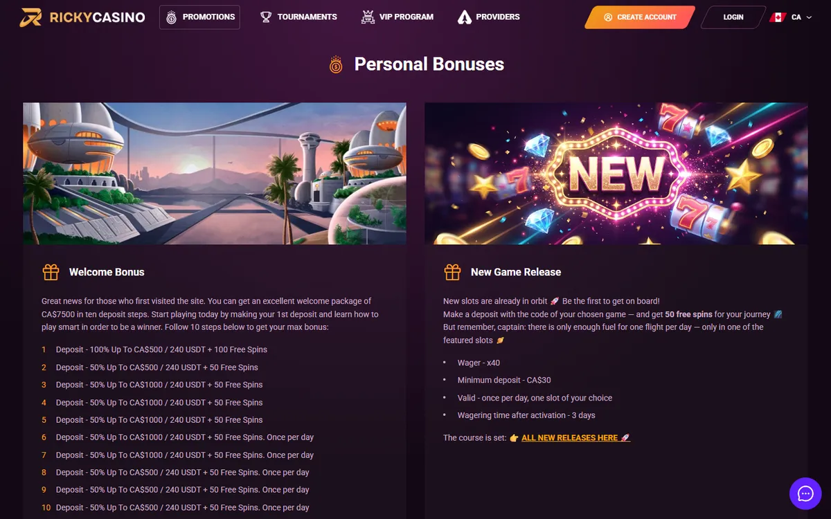 Rickycasino — Promotions, captured from Canada