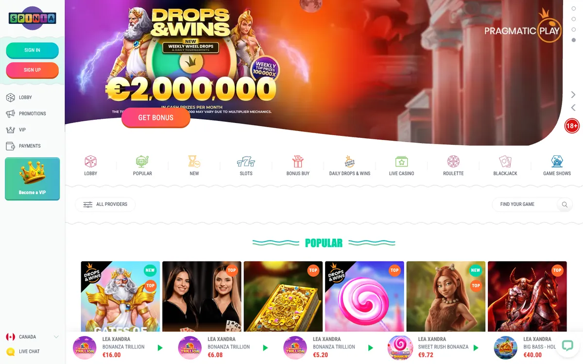 Spinia Casino — «Главная», снято из страны Канада