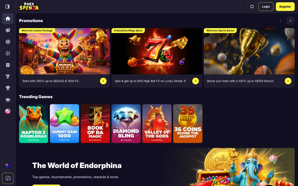 Free Spinza Casino — Home page, captured from Australia