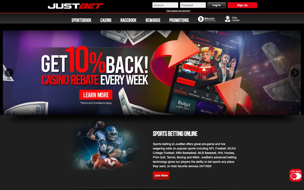 Justbet Casino — Home page, captured from United States
