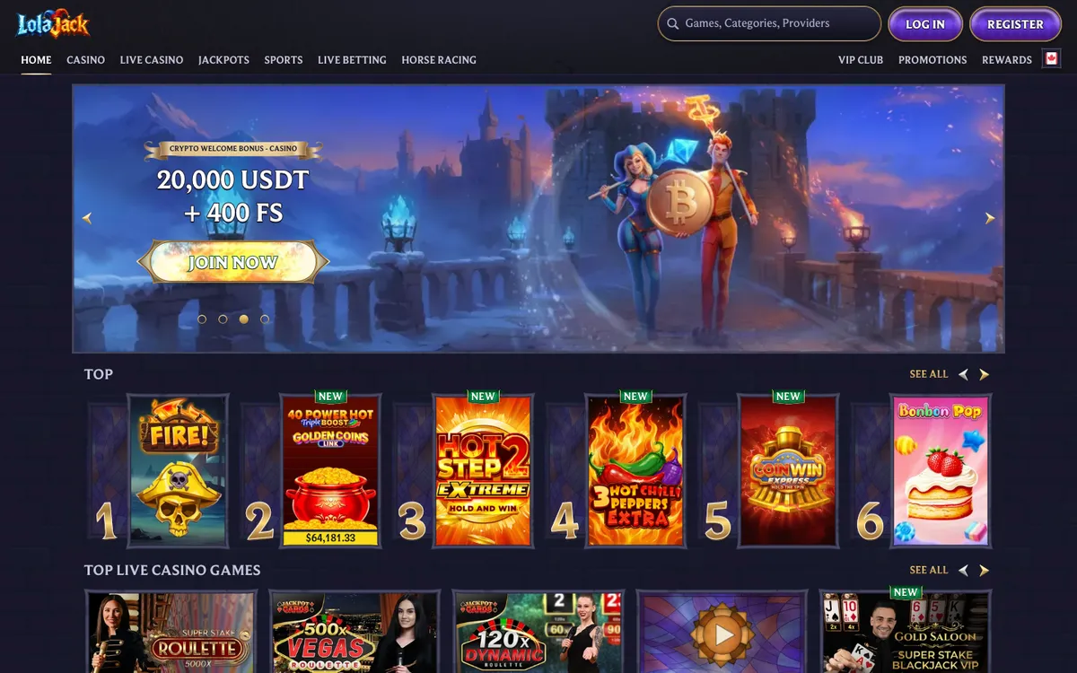 LolaJack Casino — Home page, captured from Canada