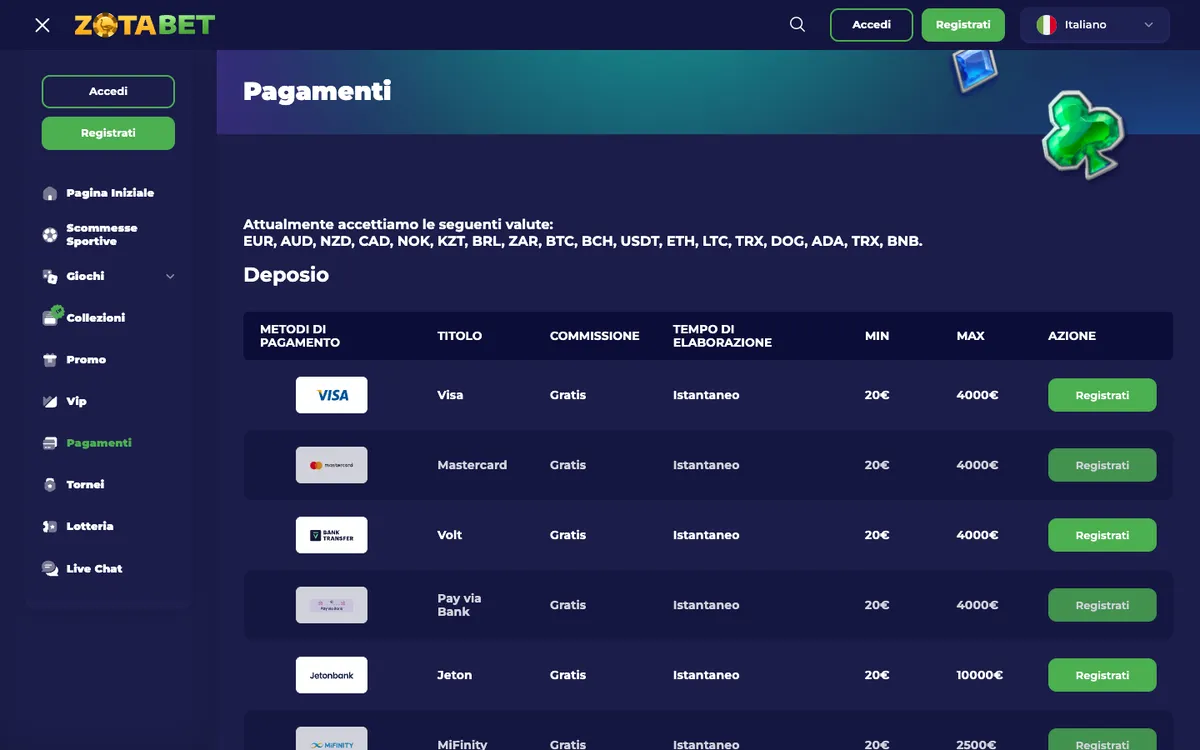 Zotabet Casino — Payments, captured from Italy