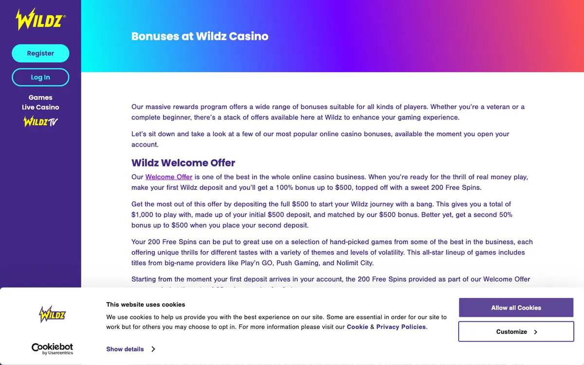 Wildz Casino — Promotions, captured from New Zealand