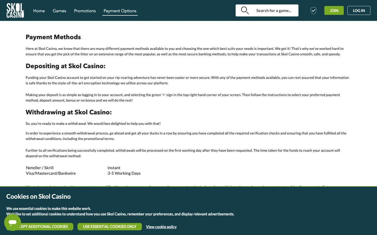 Skol Casino — Payments, captured from United Kingdom