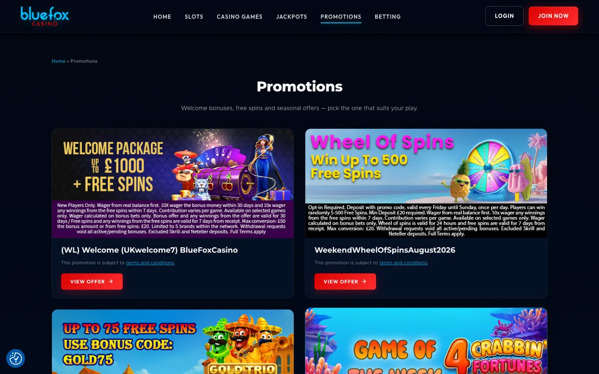 Bluefox Casino — «Акции», снято из страны Франция