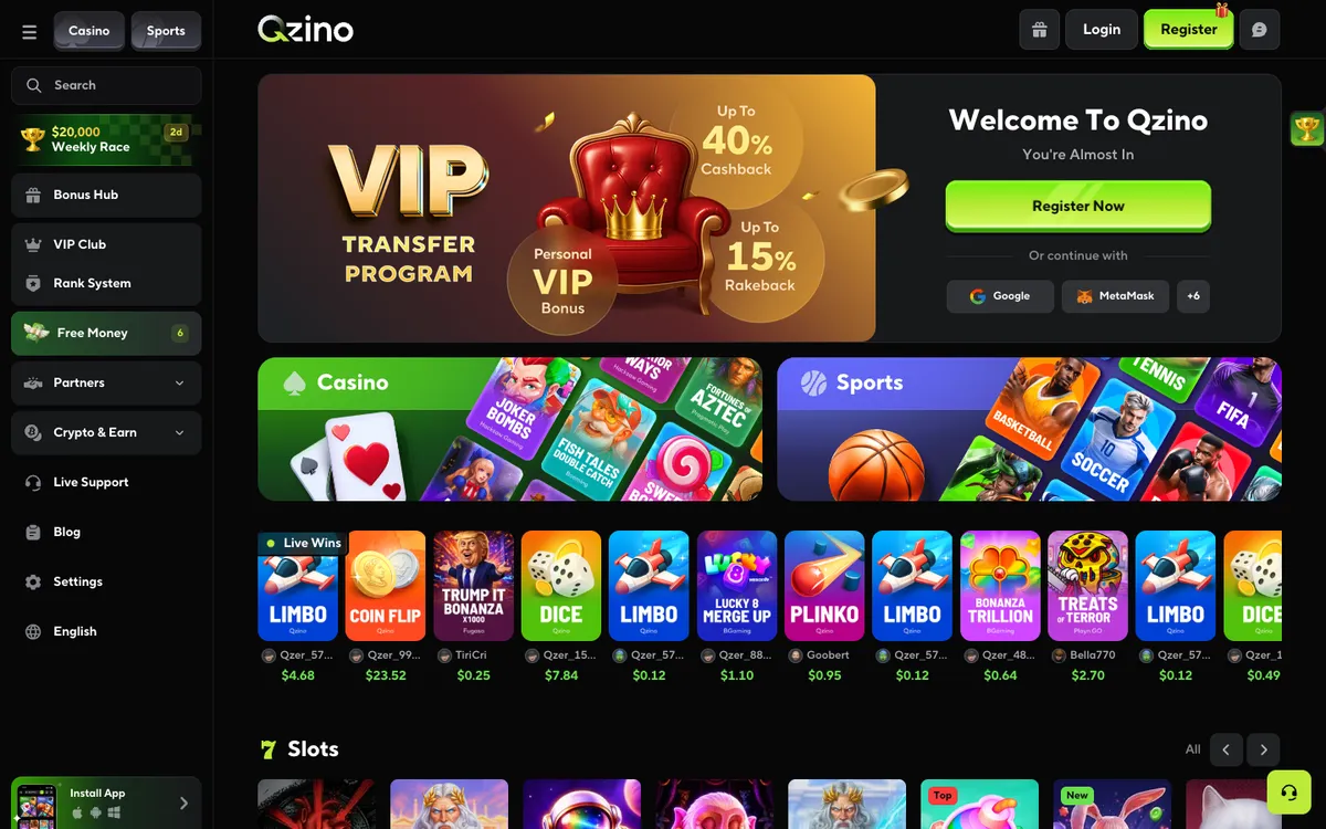Qzino Casino — Home page, captured from South Korea