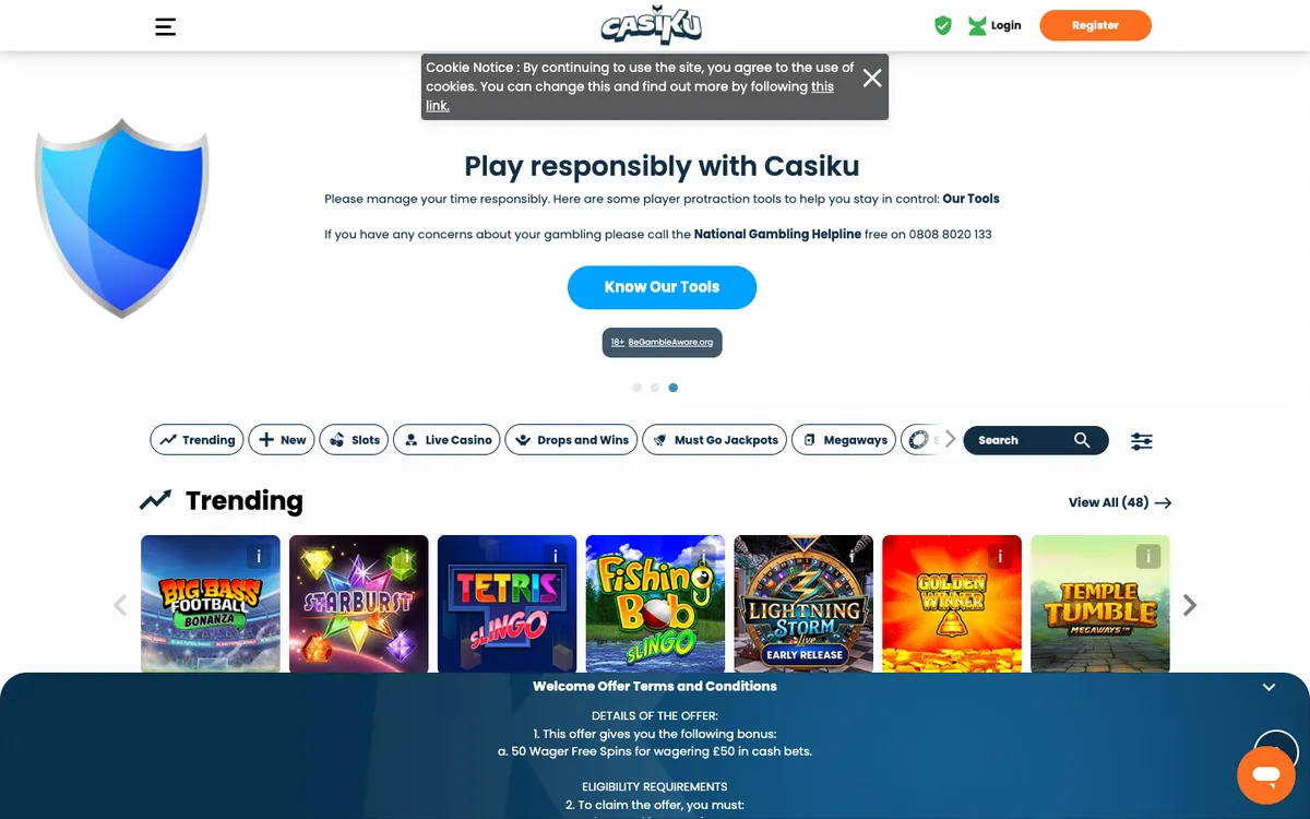 Casiku Casino — Home page, captured from United Kingdom