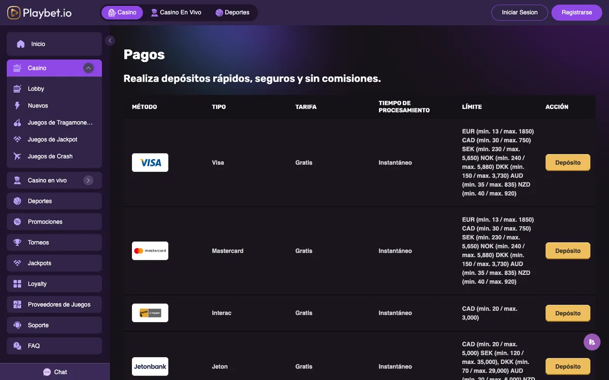Playbet.io Casino — «Платежи», снято из страны Аргентина