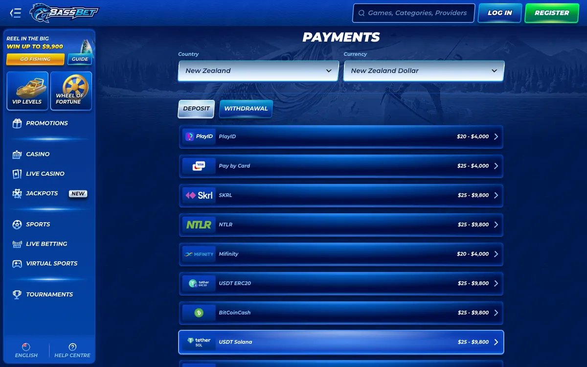 Bassbet Casino — «Платежи», снято из страны Новая Зеландия