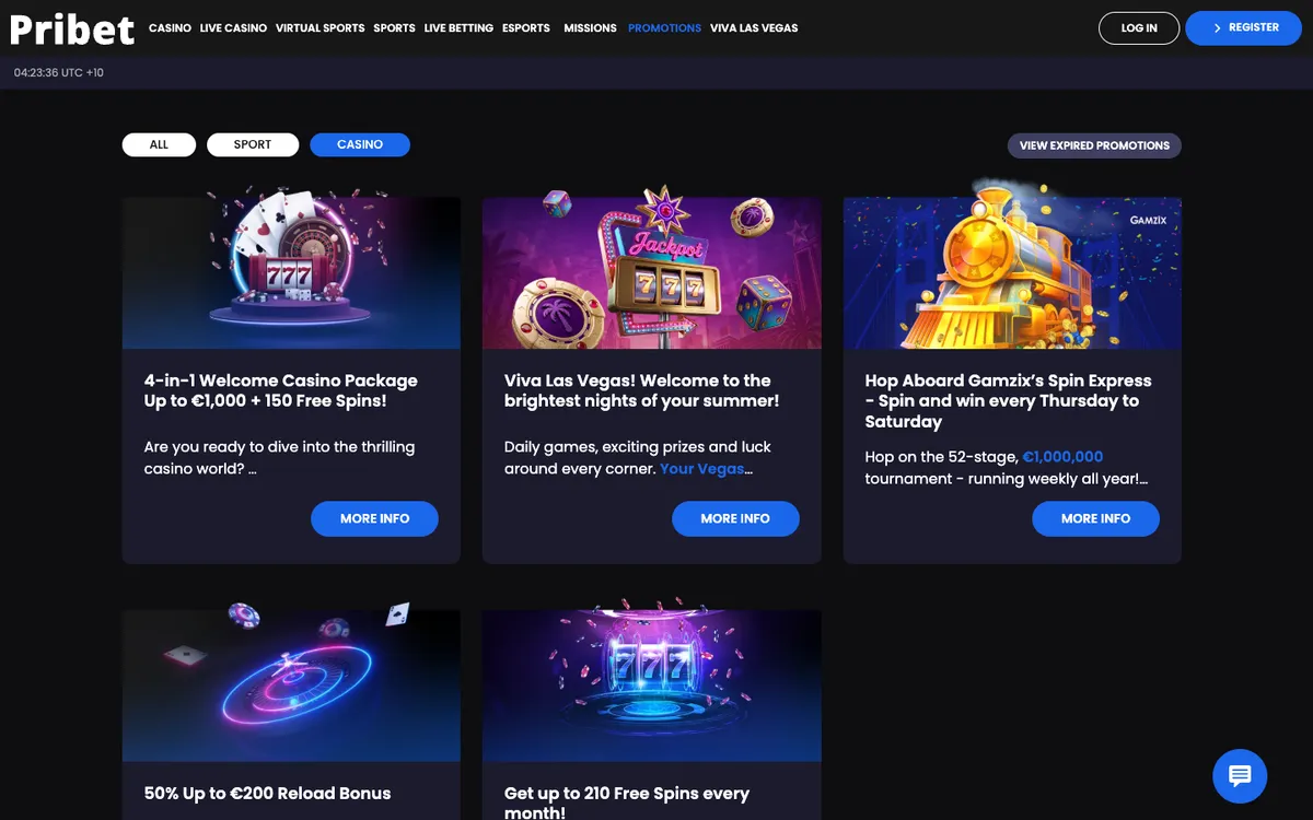 Pribet Casino — Promotions, captured from Australia