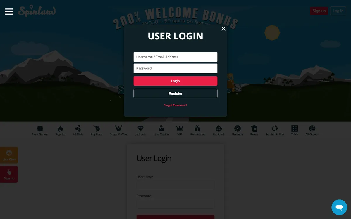 Spinland Casino — Sign-up, captured from Canada
