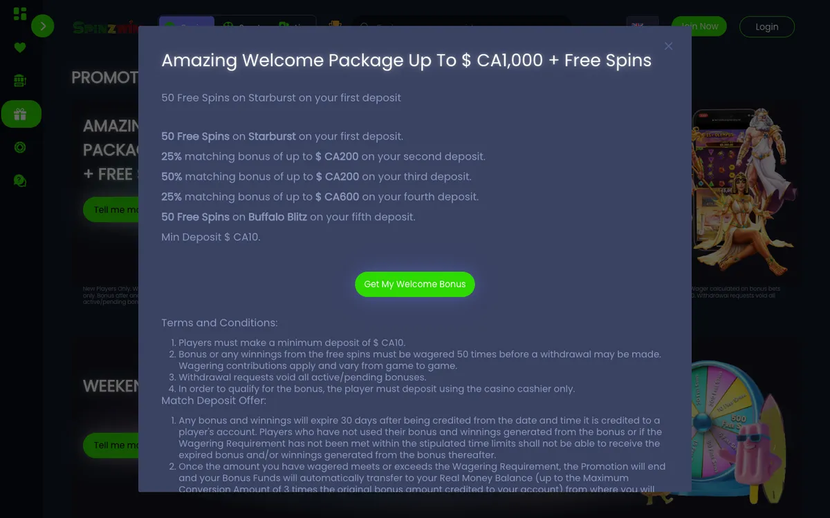 Spinzwin Casino — Promotions, captured from Canada
