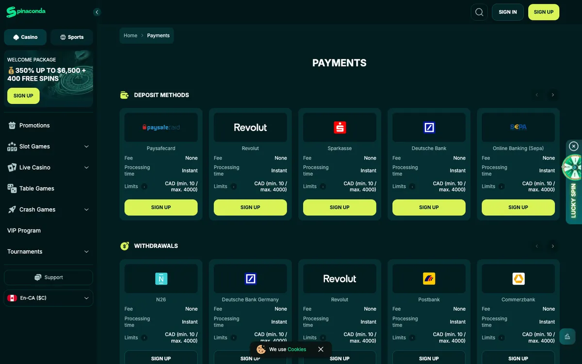 Spinaconda Casino — Payments, captured from Canada