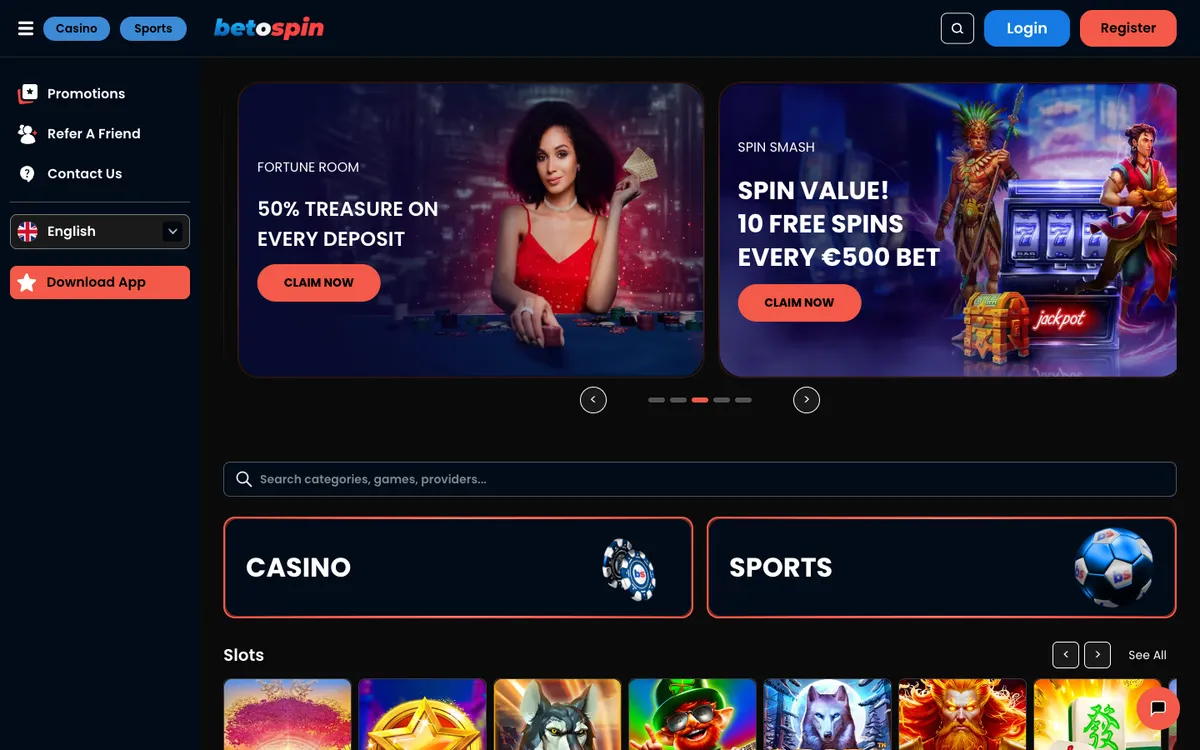 BetOspin Casino — Home page, captured from Netherlands