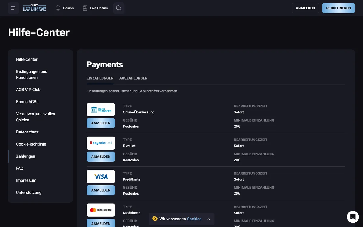 SlotLounge Casino — «Платежи», снято из страны Швейцария