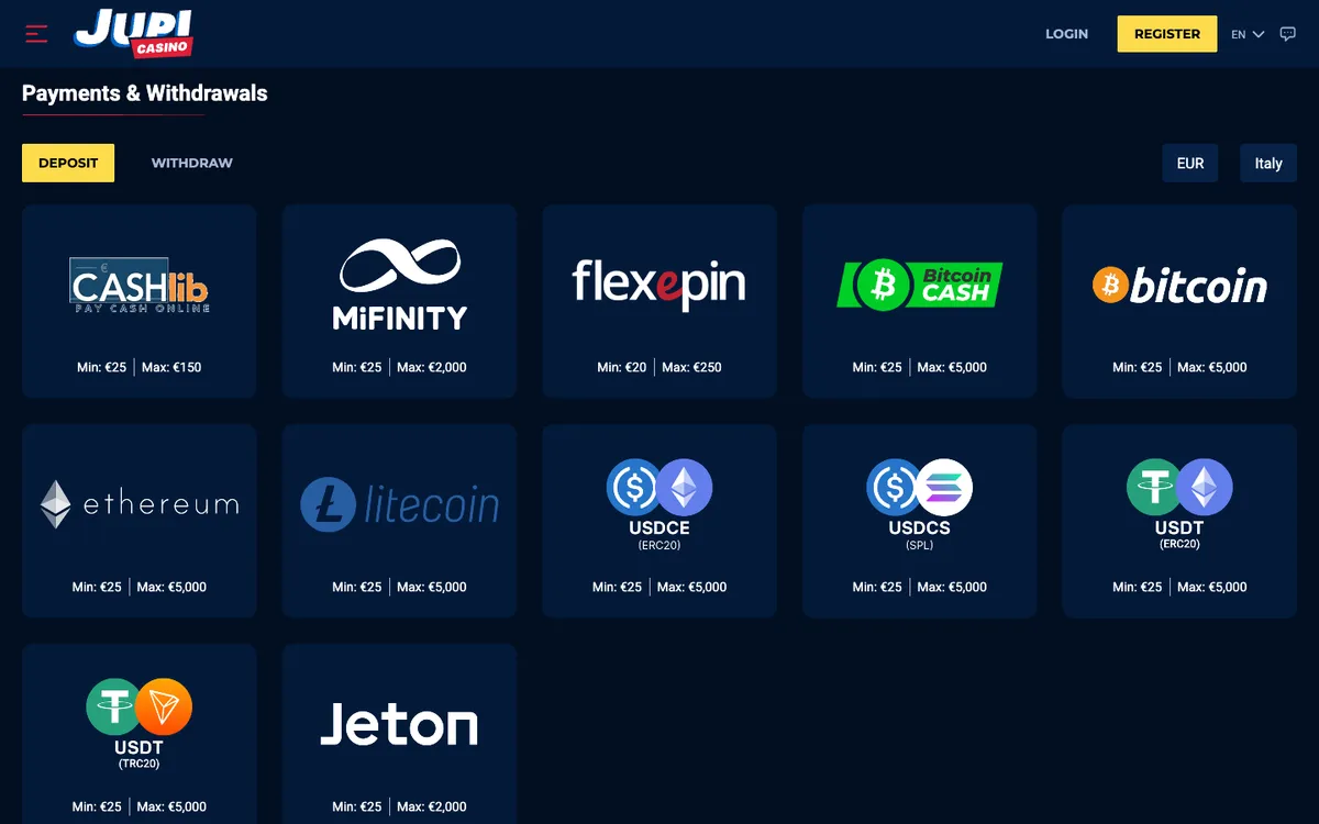 Jupi Casino — Payments, captured from Italy