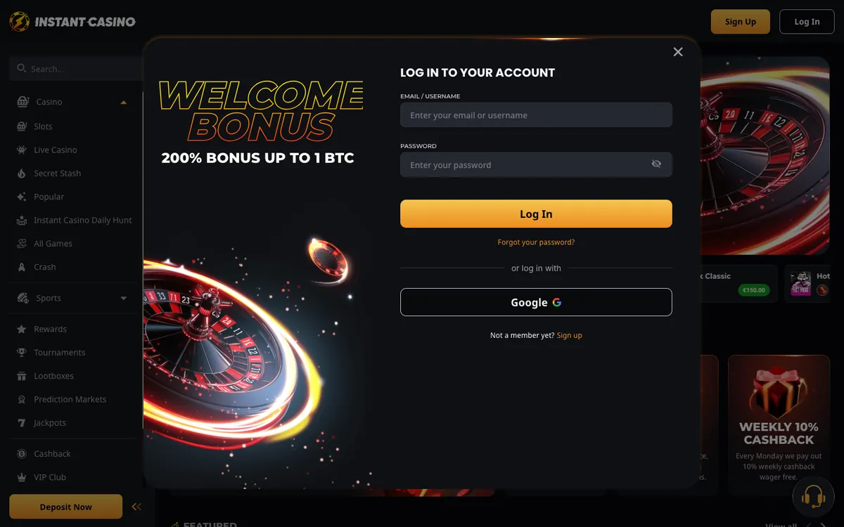 Instant Casino — Sign-up, captured from United Arab Emirates