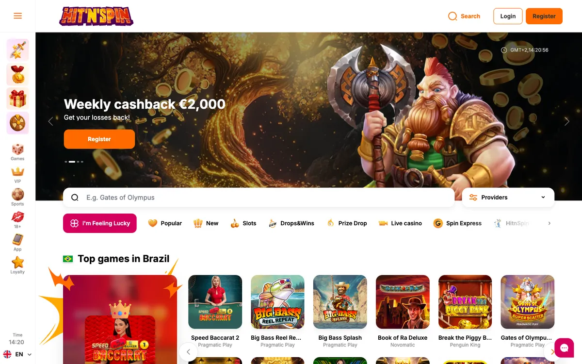 HitNSpin Casino — Home page, captured from Brazil