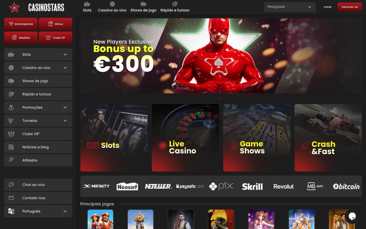 Casinostars.io — Home page, captured from Portugal