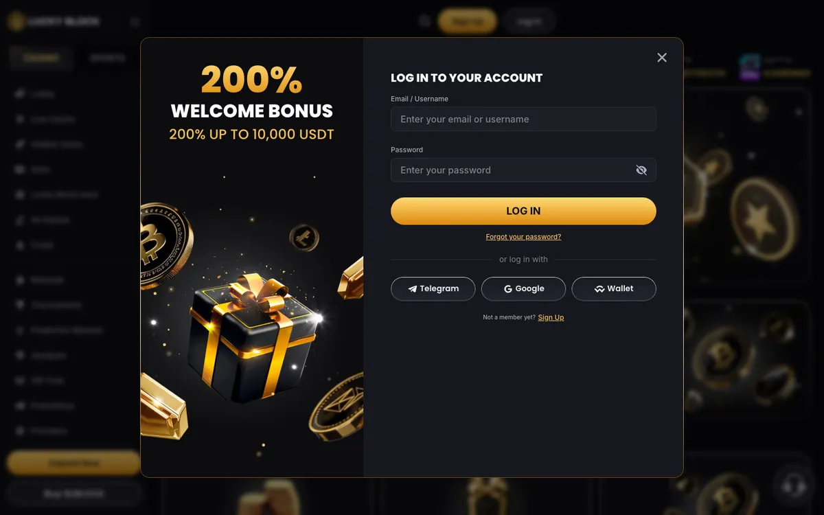 Lucky Block Casino — Sign-up, captured from Indonesia