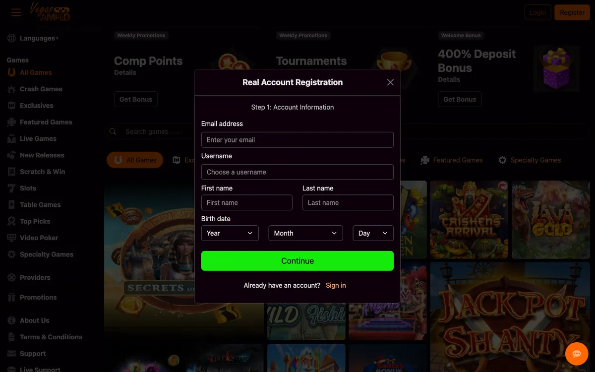 VegasAmped Casino — Sign-up, captured from South Africa