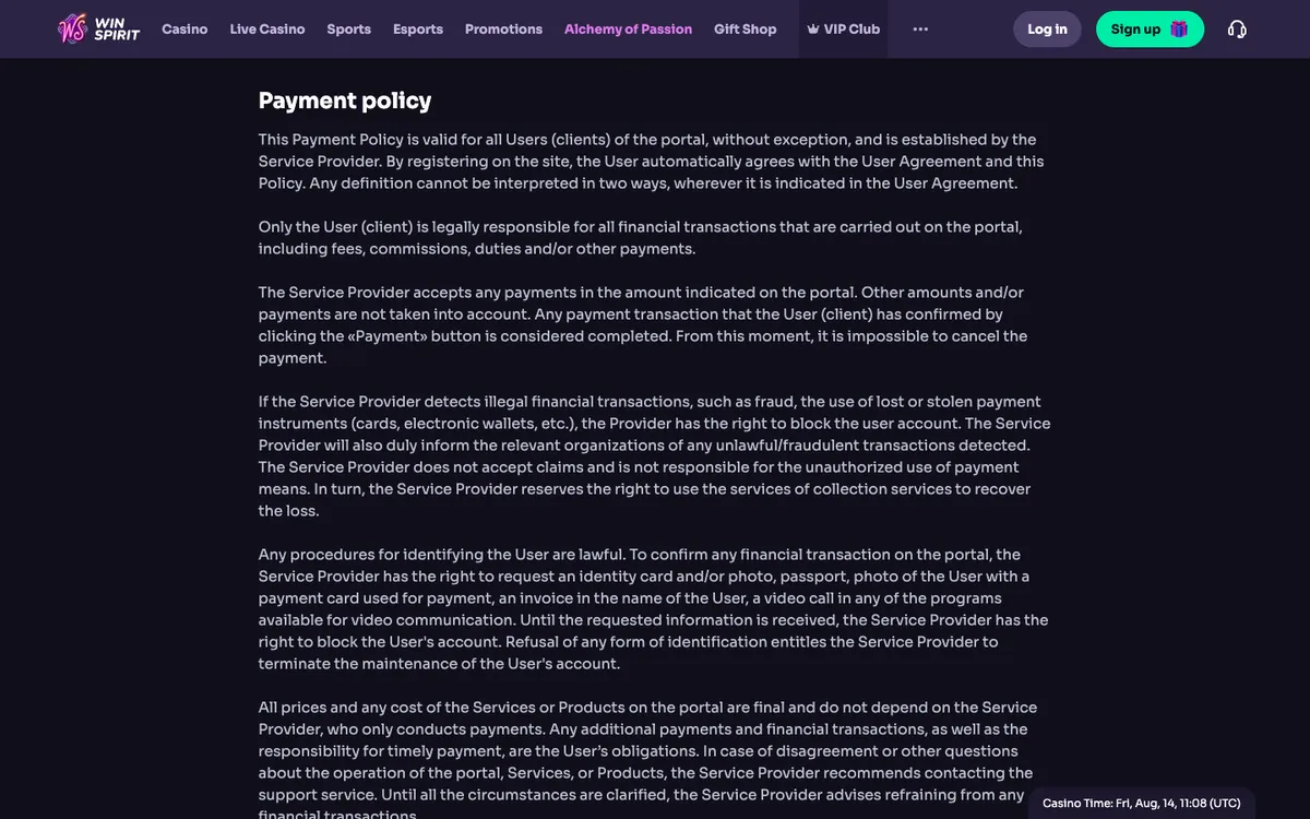 WinSpirit Casino — «Платежи», снято из страны Канада