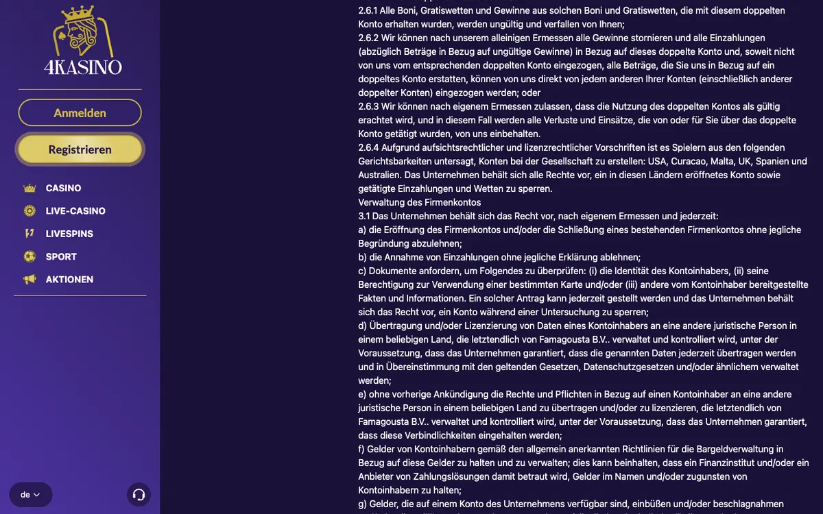 4Kasino Casino — Promotions, captured from Germany