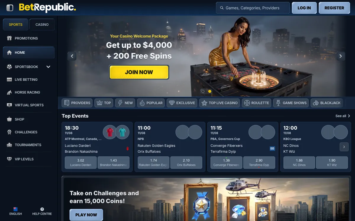 BetRepublic Casino — Home page, captured from New Zealand