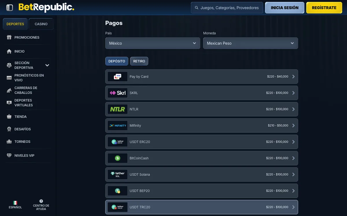 BetRepublic Casino — Payments, captured from Mexico