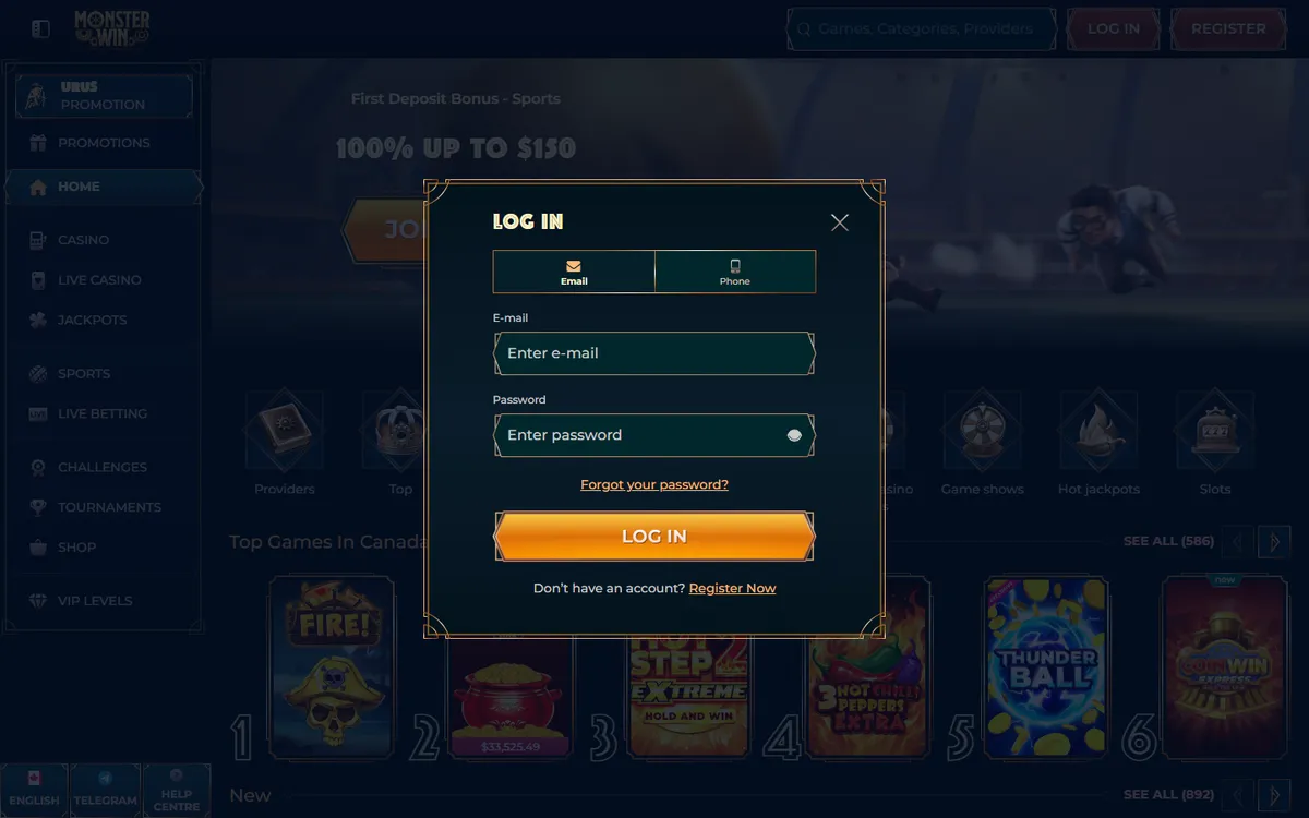 Monsterwin Casino — Sign-up, captured from Canada