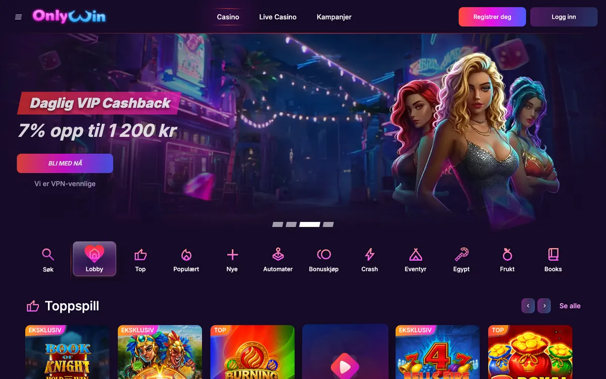Only Win Casino — Home page, captured from Norway