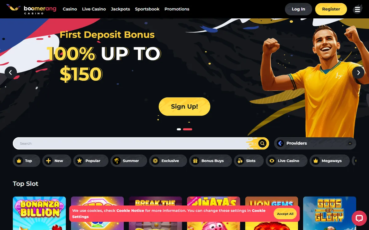 Boomerang Casino — Home page, captured from Canada