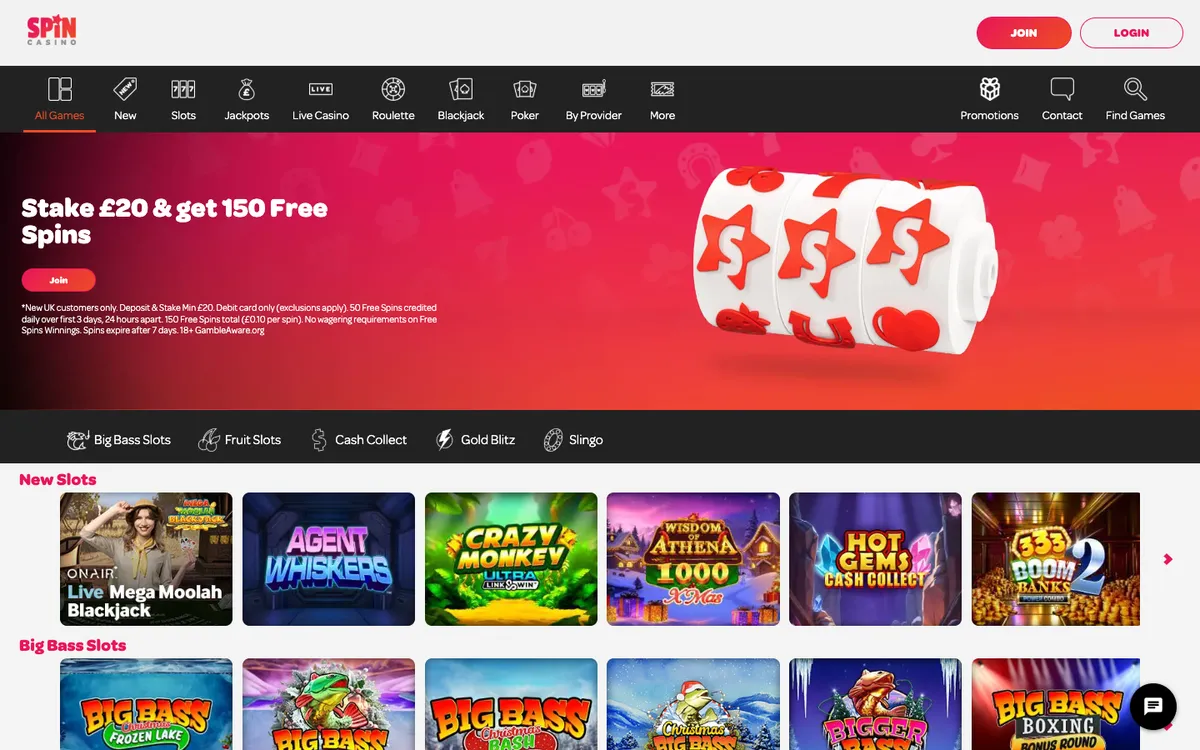Spin Casino UK — «Главная», снято из страны Великобритания