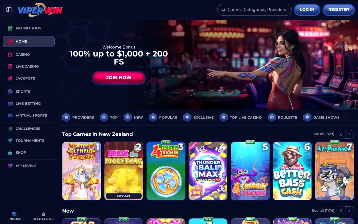 ViperWin Casino — Home page, captured from New Zealand