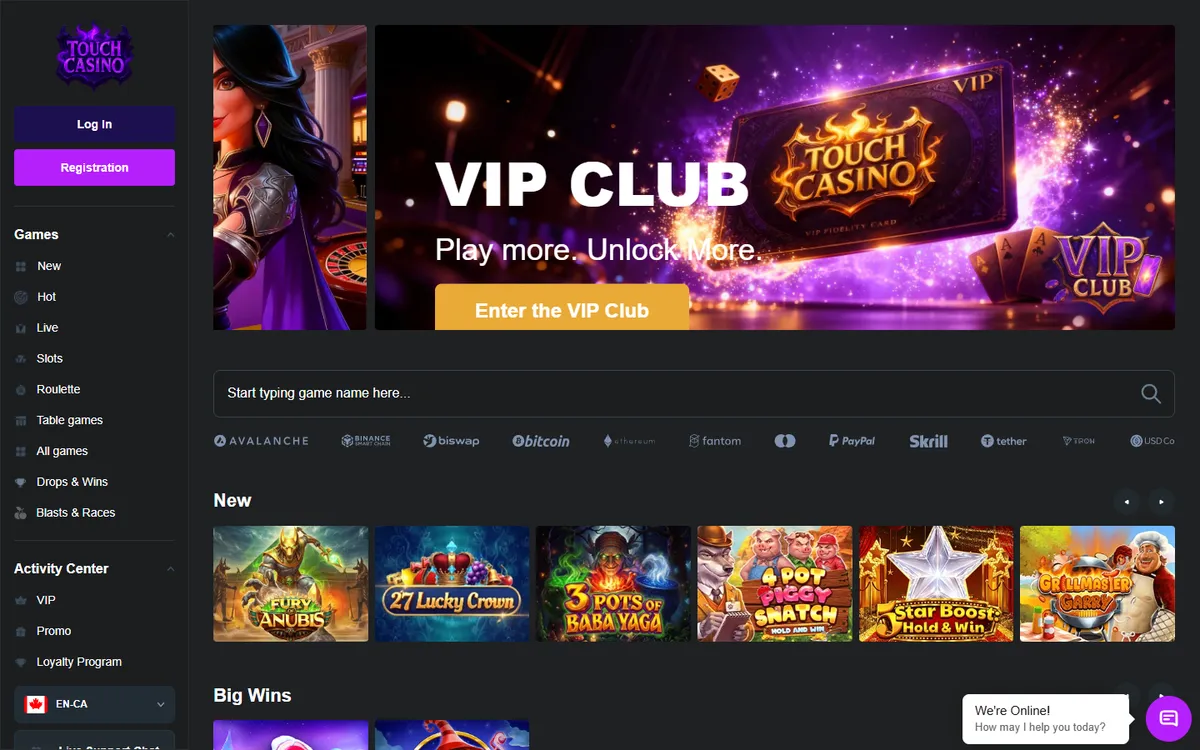 Touch Casino — Home page, captured from Canada
