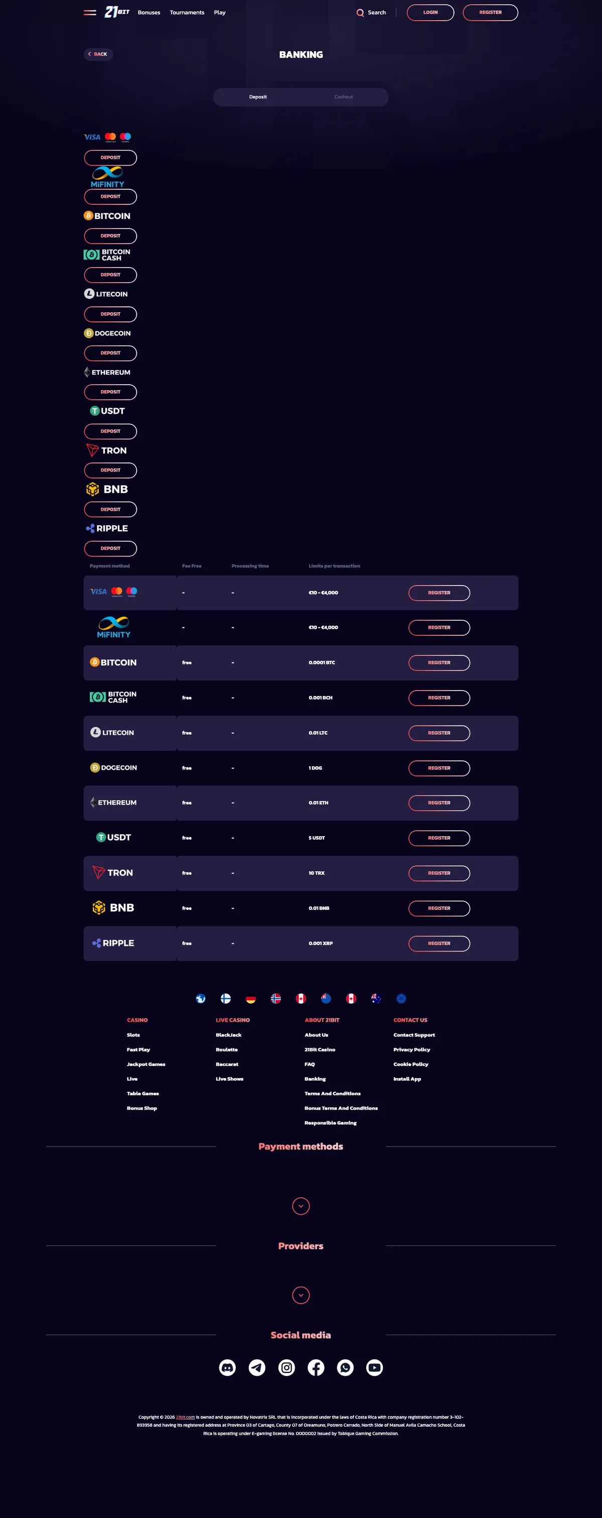 21bit Casino — Payments, captured from Canada